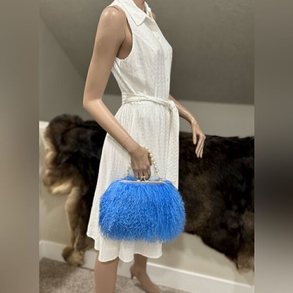 Handmade Real Mongolian Lamb Fur Kisslock Wristlet/Crossbody & 2 Chain Styles - Picture 4 of 15